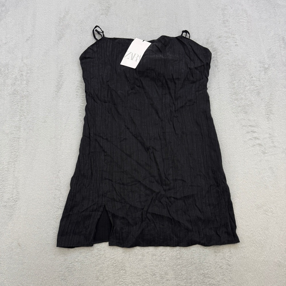 Zara Mini Dress Womens Small‎ Black Textured Side Slit Slip Spaghetti Strap Chic